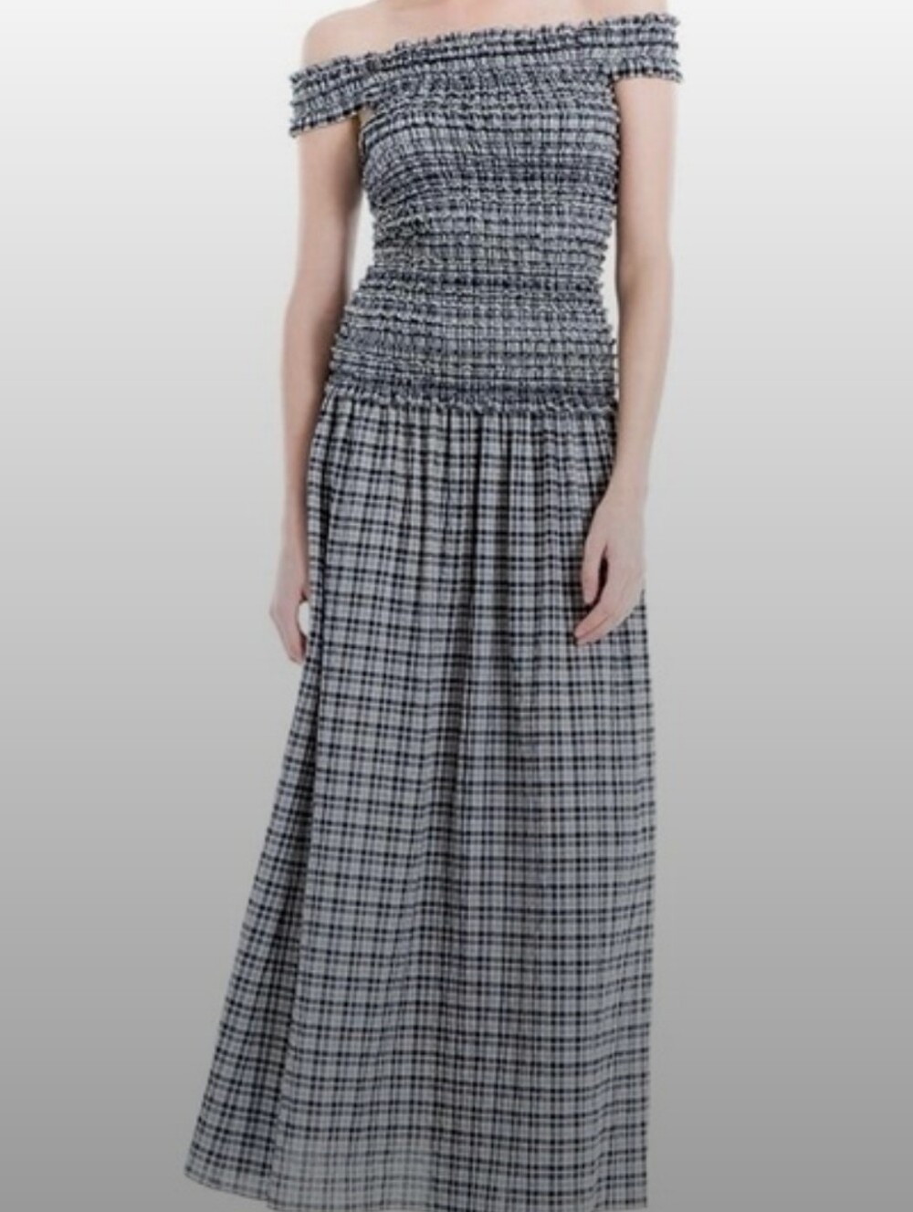 Off-Shoulder Smocked Plaid Maxi Dress - Black & White